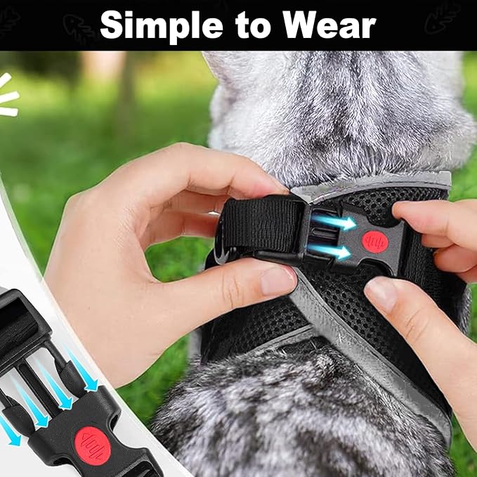 Cat Harness and Leash for Walking, Retractable Cat Harnesses and Leash Set Escape Proof, Breathable Soft Kitten Small Large Harness for Travel Training and Walking, Black, M