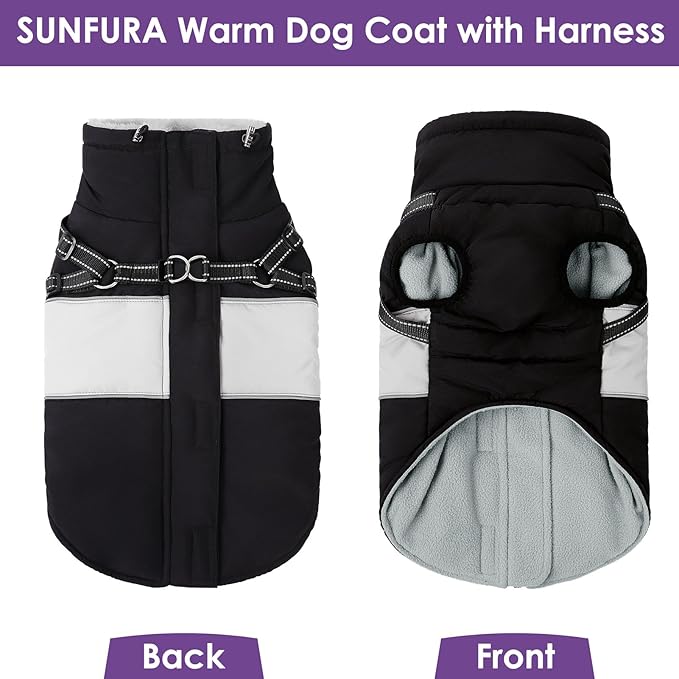 SUNFURA Dog Coat, XXXL Dog Jacket Winter with Harness Built in, Waterproof Pet Snow Jacket with Furry Collar for Chilly Day, Reflective Fleece Snowsuit for Extra Large Dogs, Black 3XL
