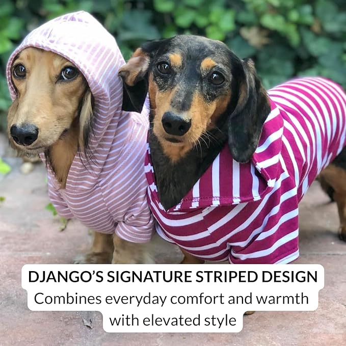 DJANGO Dog Hoodie – Warm, Lightweight, Soft & Stretchy Dog Sweater with Hood, Harness Hole & Elastic Waistband – Cozy Sweatshirt for Small Dogs up to 25 lbs, Dachshunds & Puppies – Boysenberry, XS