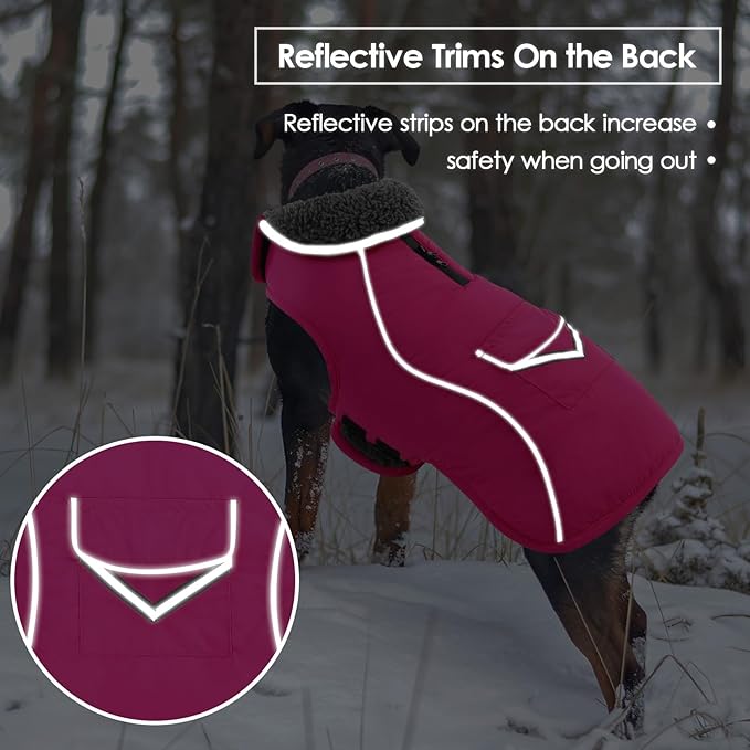 SUNFURA Dog Coat, Large Dog Jacket Reflective Winter Coat for Cold Weather, Windproof Pet Snow Jacket with Pocket, Warm Fleece Sweater Clothes for Large Dogs, Hot Pink L