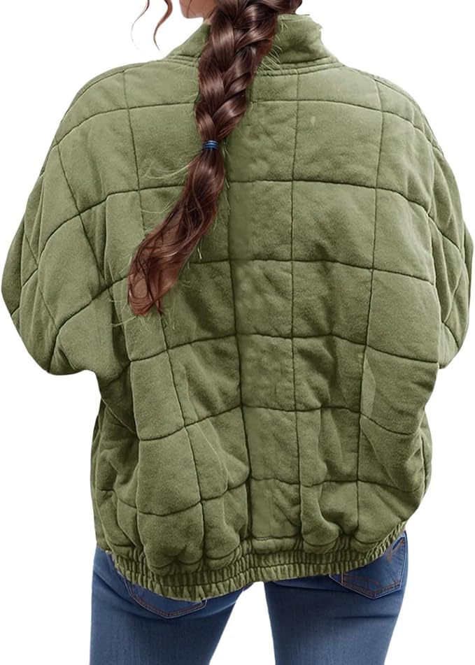 LIZALIG Warm Padded Coat for Women Full Zip Quilted Jackets Winter Oversized Causal Solid Color Stand Collar Pockets Coat