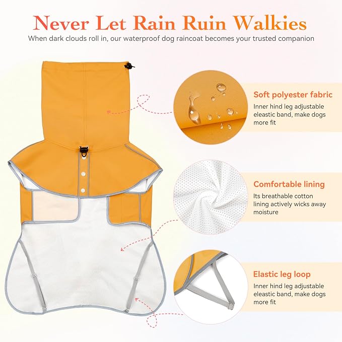 Reflective Dog Raincoat, Windproof & Waterproof Dog Rain Jacket, Adjustable Hooded Pet Poncho with Leash Hole for Small, Medium, Large Dogs(S-2XL) (Yellow, XX-Large)