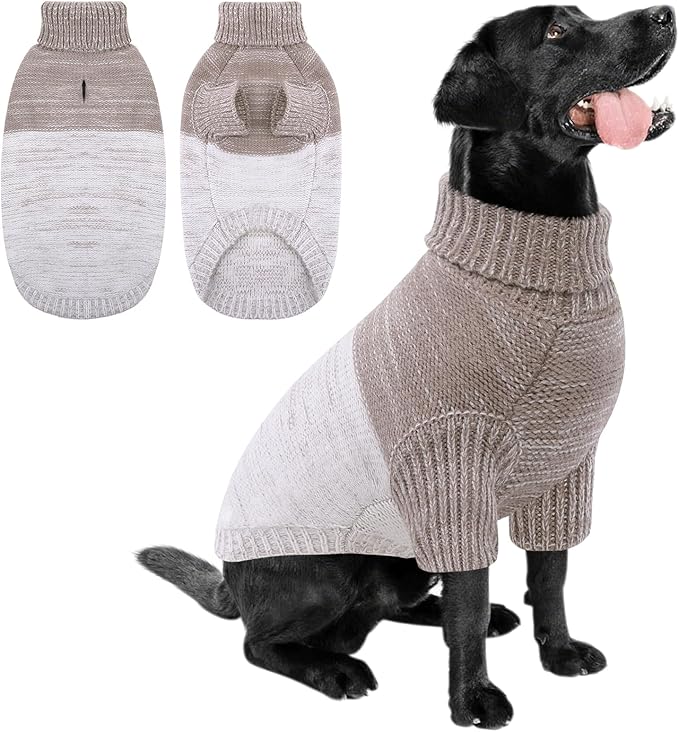 Queenmore Pullover XL Dog Sweater,Classic Turtleneck Warm Pet Sweater with Leash Hole for Dog Girls Boys,Winter Knitwear Clothes for Dachshund,Corgi,French Bulldog(Khaki,XL)