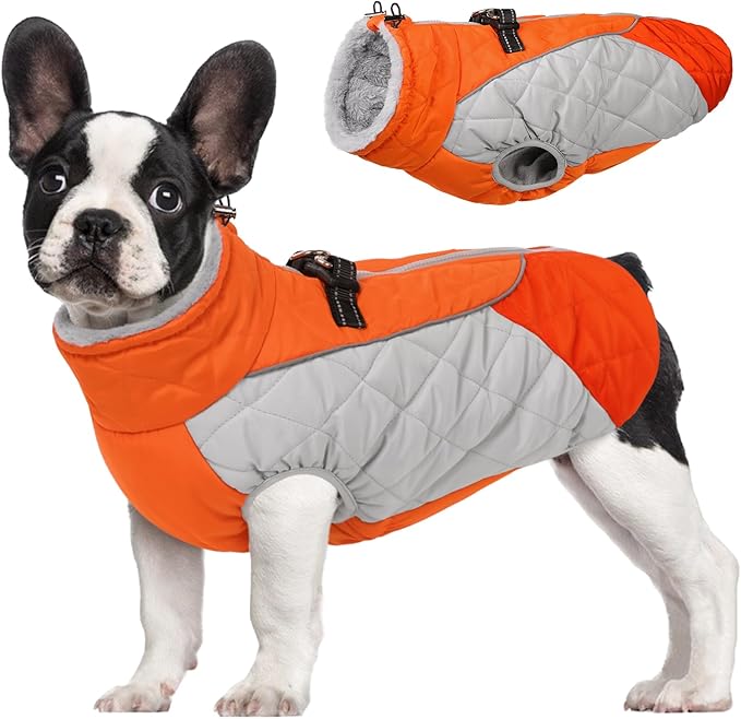 AOFITEE Dog Coat, Dog Winter Coat, Reflective Small Dogs Jacket with Harness Built in and Fleece Lined, Waterproof Pet Winter Jacket Warm Snowsuit for Small Medium Large Dogs, Orange XS