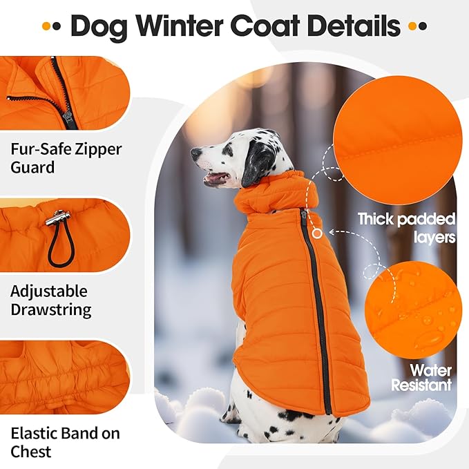 Dog Coats for Large Dogs Winter Waterproof, Zip Up Lightweight Vest for Dogs, Orange Pet Snow Jacket, Winter Outdoor Dog Camping Jackets for Weimaraner, Pointer, Labrador, Orange XL