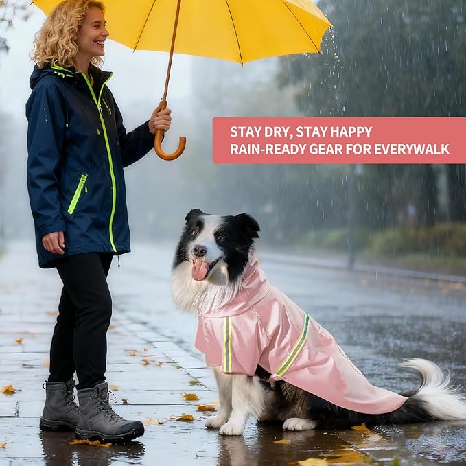Dog Raincoat, Waterproof Windproof Dog Rain Jacket Adjustable, Rain Coat with Leash Hole, Reflective Strap Raincoat Poncho for Small Medium Large Dogs Outdoor (Reflection-Pink, Large)