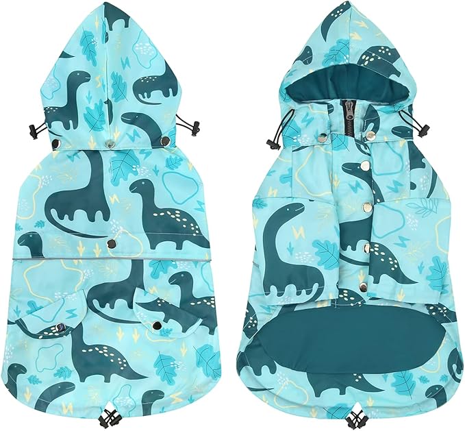 HDE Dog Raincoat Poncho Double Layer Zip Rain Jacket with Removable Hood, Leash Hole for Small to 3XL Dogs and Puppies Dinosaurs - S