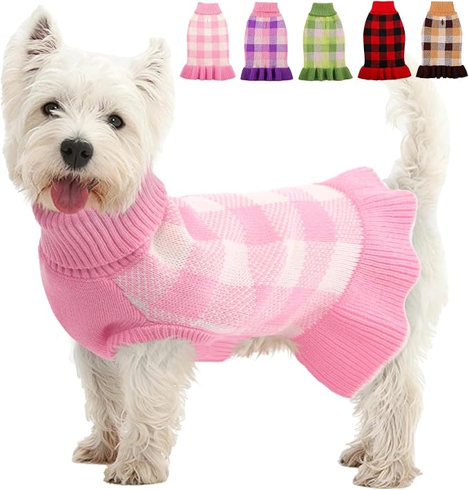 Dog Sweater Dress Plaid Knitwear for Small Medium Dogs Warm Puppy Pet Turtleneck Stretch Pullover Cute Fall Winter Vest Clothes with Leash Hole for Christmas