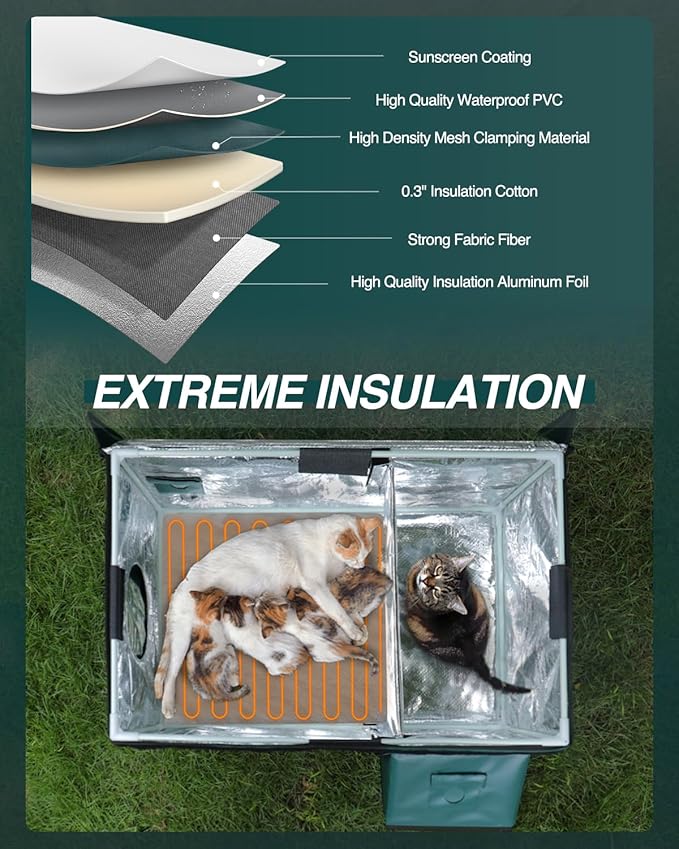 Heated Cat House for Outside,Dual Camera Mounts,100% Weatherproof & Extremely Insulated,Elevated Feral Cat Shelter with Escape Door,Waterproof Eaves for Outdoor Stray Barn Cat(Dark Green,L)
