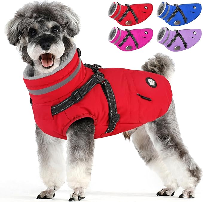 Dogcheer Dog Coat with Harness, Waterproof Dog Jacket, Christmas Puppy Winter Coat with Pocket, Reflective Doggy Turtleneck Puffer Vest for Small Medium Large Dogs - Red, XS