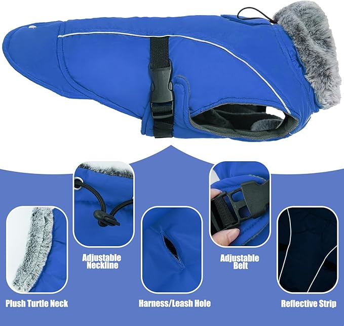 DENTRUN Extra Large Warm Dog Jacket - Windproof Water Repellent Reflective Coat, Adjustable Plush Turtleneck, Easy Wear Fleece Lined Cold Weather Vest for Great Dane, Blue, XXXL