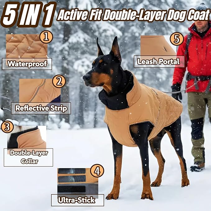 Upgraded Classic Quilted High-Loft Dog Winter Coat, Waterproof Outdoor Coats for Small Dogs, Lightweight & Thick Puppy Jacket with Leash Hole, 2-Layer Pet Vest Jackets for Dachshund Boston(Khaki, S)