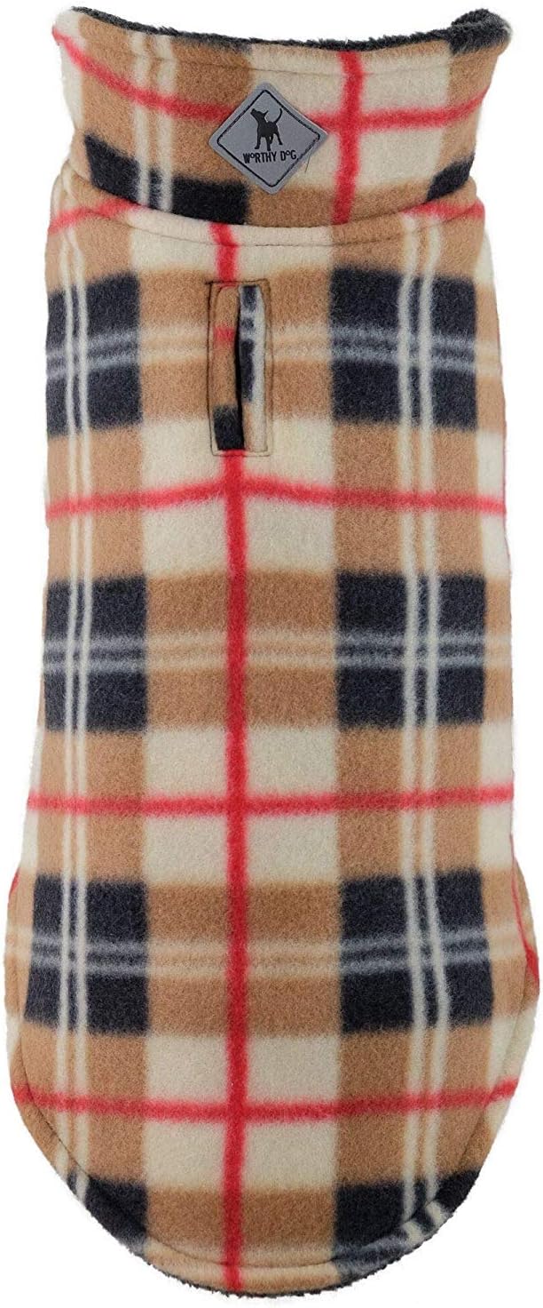 The Worthy Dog Fargo Fleece Check Dog Jacket, Adjustable Reversible with Harness Hole, Wind-Resistant, Winter Outdoor Clothes for Pets, Tan - 20''