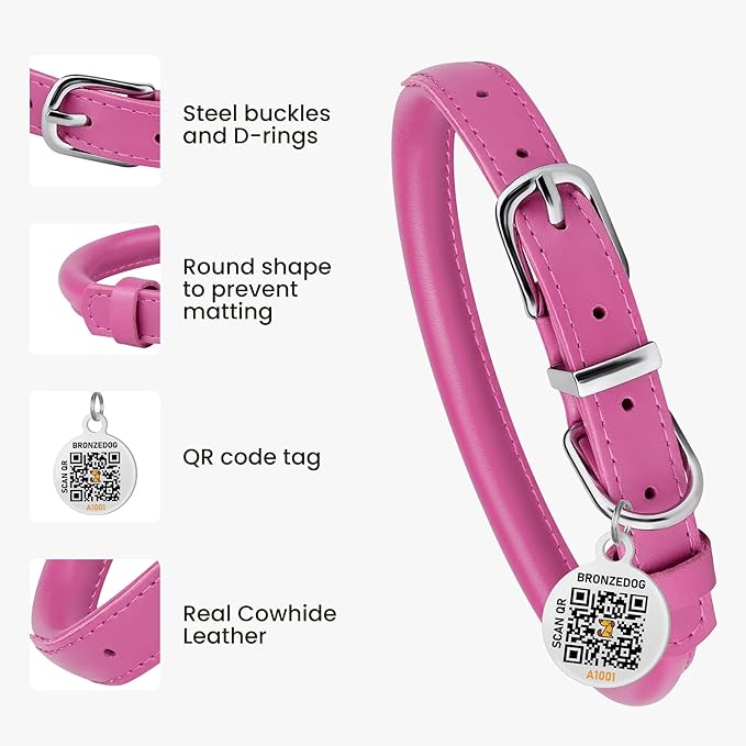 BRONZEDOG Rolled Leather Dog Collar for Small Medium Large Dogs with QR ID Tag (S: 12-14 Inch, Hot Pink)