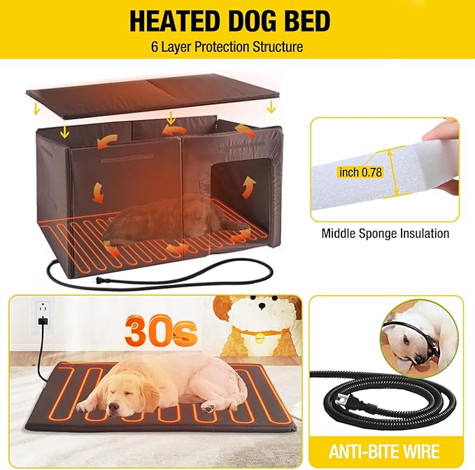 Aivituvin Heated Dog House Outdoor Extra Large 59" Dog Kennel with Insulation Liner Strong Iron Frame Construction Pet Cage with Insulted Liner Keep Warm in Winter Weatherproof Design, Heater Include