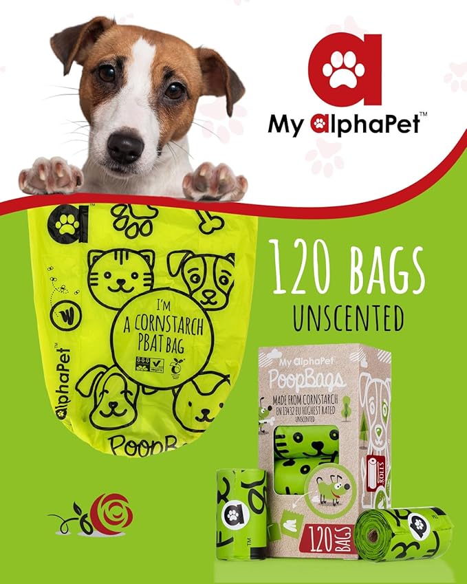 Compostable Dog Poop Bags, Cornstarch Eco-Friendly, HOME COMPOST NF T 51-800, 120 Count, Large Size Bag 9x13 Inches, 8 Unscented Refill Rolls, Leak-proof, Plantbased, GM-Free Corn