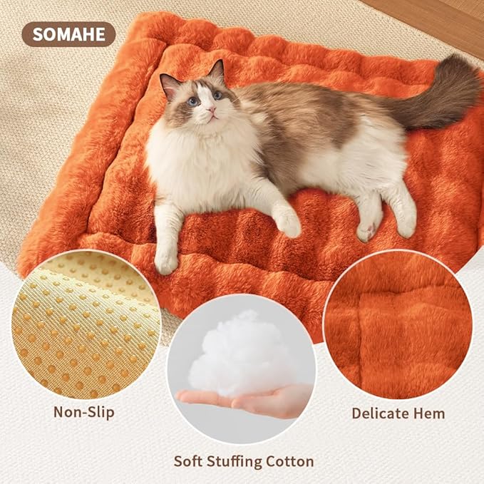 Cat Beds for Indoor Cats Faux Fur Pet Pad Mat Plush Kitten Bed with Non-Slip Bottom for Carriers/Couch Dog & Puppy Friendly 23 x 15 Inch Small Orange