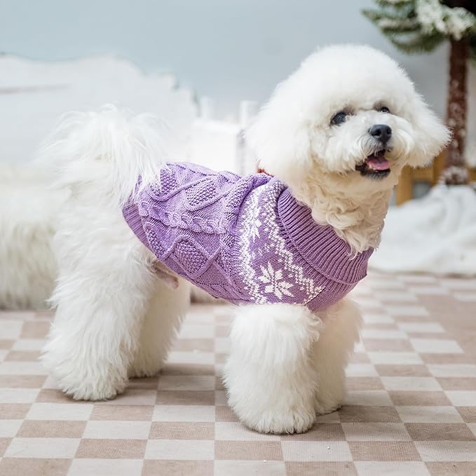 Warm Winter Pink Dog Sweater - Cold Weather Pet Clothes for Small Medium Large Dogs Indoor Outdoor, Soft Classic Knit Puppy Apparel Coat, Purple, XS