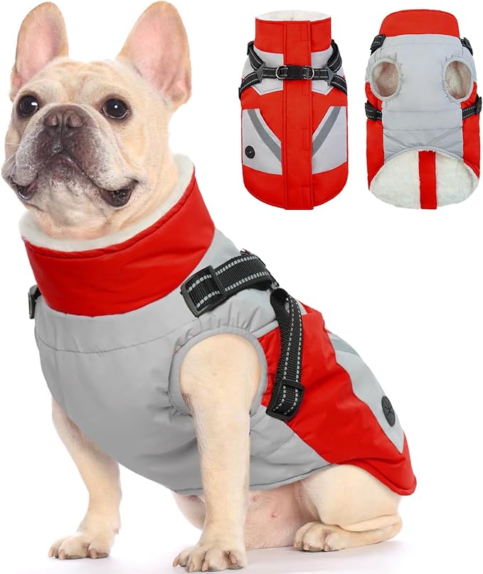 FUAMEY Dog Winter Jackets for Medium Dogs,Dog Coat with Harness Built in,Waterproof Dogs Snowsuits Warm Pet Jacket Zip Up Fleece Cold Weather Coats Reflective Puppy Vest with Pocket Red M