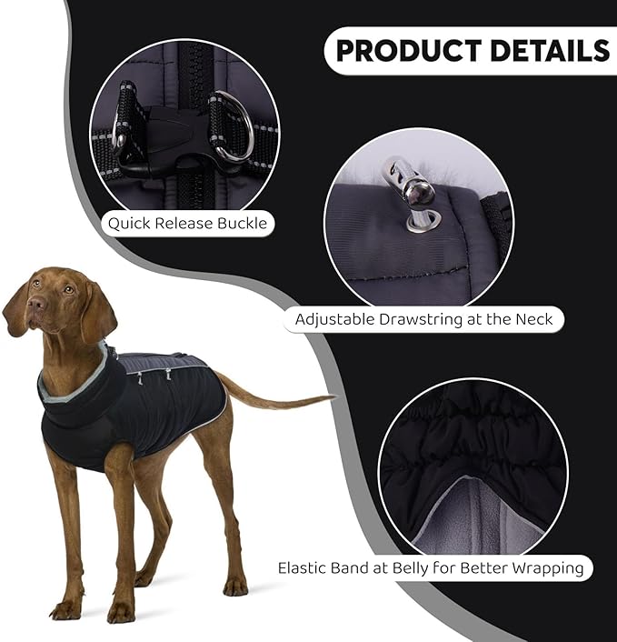 IDOMIK Warm Dog Coat with Harness, Waterproof Reflective Dog Jackets for Small Medium Large Dogs, Fleece High Collar Winter Jacket with Zipper, Pet Winter Snowsuit Clothes for Cold Weather,Black XL