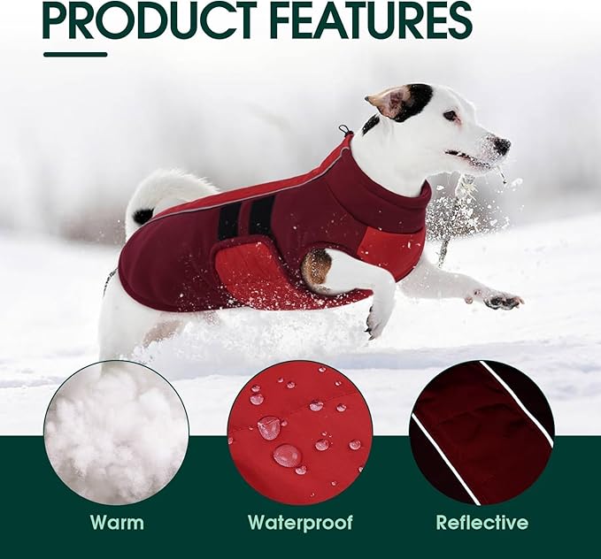 Kuoser Dog Jackets for Small Dogs, Warm Dog Coat with Harness Built in, Puppy Winter Jacket Pet Clothes for Cold Weather, Reflective Waterproof Doggie Winter Vest for Pug Dachshund, Red S