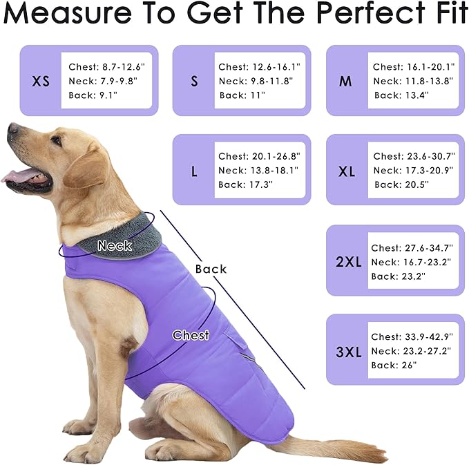Dog Coat, Waterproof Dog Winter Jacket with Pocket, Reflective Adjustable Pet Snow Vest, Warm Cozy Fleece Sweater for Small Medium Extra Large Dogs - Light Purple, S
