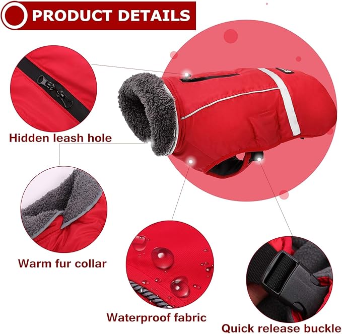 QBLEEV Warm Dog Coat Reflective Dog Jacket, Waterproof Dog Winter Coat Turtleneck Dog Clothes for Cold Weather, Thick Fleece Dog Snowsuit Christmas Dog Vest Pet Apparel for Small Medium Large Dogs L