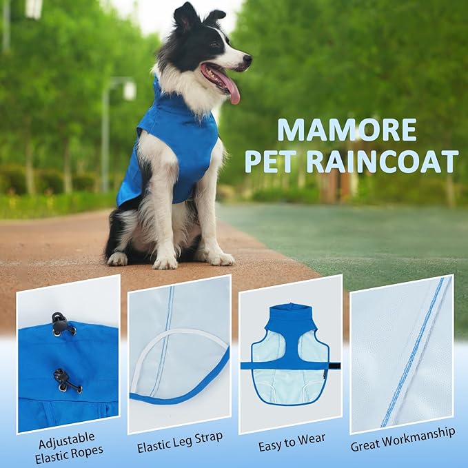 Waterproof Dog Raincoat, Adjustable Lightweight Dog Rain Jacket with Reflective Strip Leash Hole for Small Medium Large Dogs (Blue, X-Small(4-9lb))