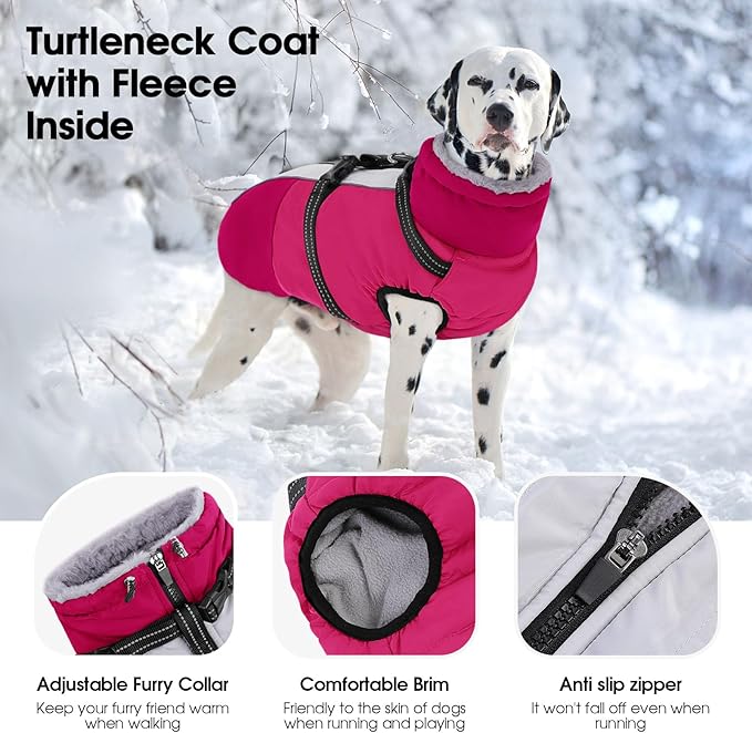 SUNFURA Small Dog Coat with Harness Built-in, Warm Dog Jacket with Zip, Reflective Winter Coat Pet Sweater Clothes for Small Dogs Schnauzer, Yorkshire Terrier, Shih Tzu, Hot Pink S