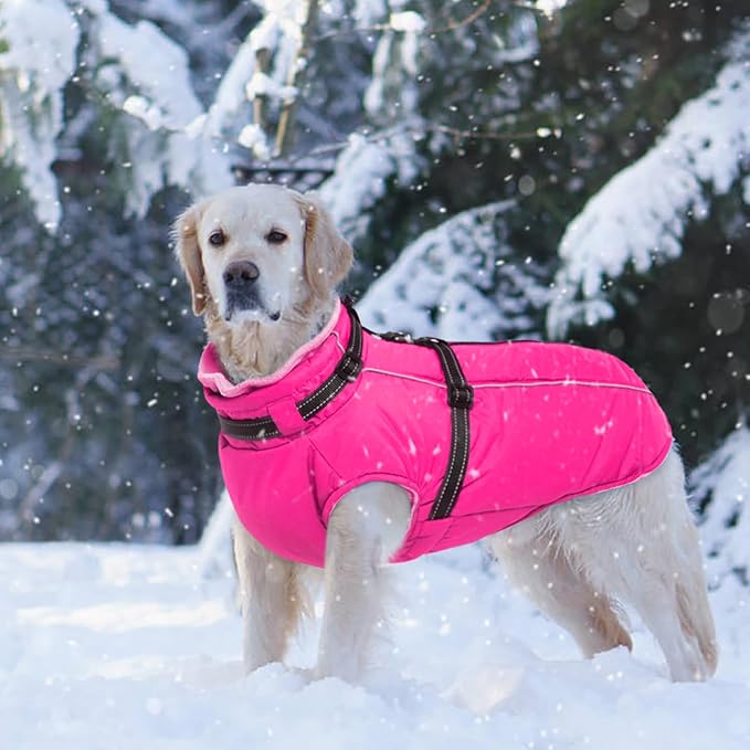 Lelepet Dog Winter Coat Waterproof Dog Jacket with Harness Built in Windproof Reflective Pet Coats for Extra Large Dogs, Thermal Fleece Lined Coats for Cold Weather Walking, Great Dane, Rose Red, 3XL