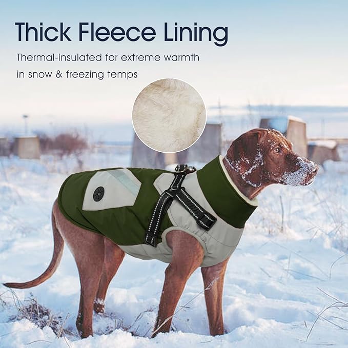 IECOii Large Dog Coat with Harness Built in,Reflective Waterproof Dog Coat for Giant Breeds - Zip Up Fleece Jacket for Dogs,Great Dane Winter Coats Warm Snowsuit for Cold Weather, Green, 4XL