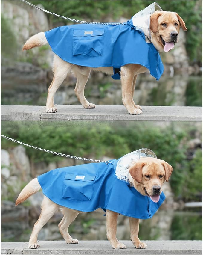 Dog Raincoat Waterproof, Adjustable Reflective Hooded Dog Rain Poncho with Leash Hole for Small Medium Large Dogs (Blue, Large)