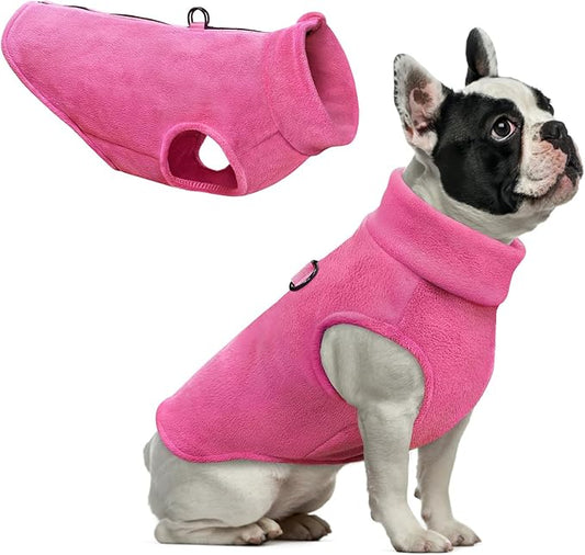 Idepet Dog Fleece Vest Sweater Zip Up Warm Pullover Dogs Jacket with D-Ring Leash Winter Cold Weater Coat Pet Sweatershirt Clothes Hoodie for Small Medium Dogs Boy Girl (Rose Red, L)