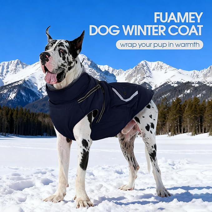 FUAMEY Fleece Lined Dog Coat, Warm Dogs Jacket with Harness, Pop Bag Pockets, Extra Large Doggy Thermal Vest Back Zipper Winter Suit, Snow Cold Weather Outfits, Cocker Spaniel (Dark Blue, 2XL)