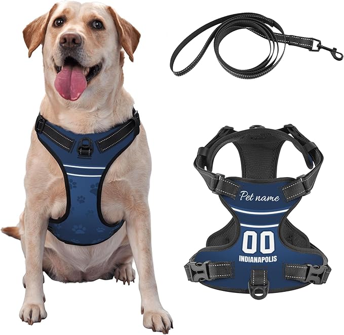 Custom Indianapolis Dog Harness with Reflective Stripes Personalized Name and Number Dog Vest Harness with Pet Traction Rope for Small Medium Large Dog