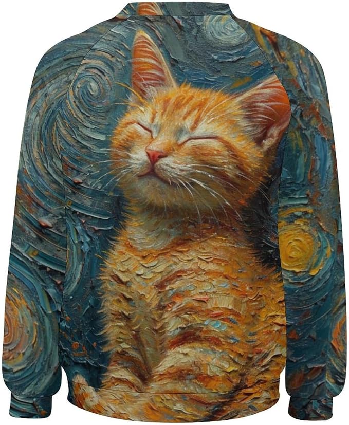 Long Sleeve Shirts for Women Cat Oil Painting Shirt 3D Graphic Sweatshirts Fall Pullover Crewneck Vintage Boho Tops
