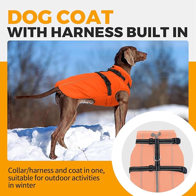 Lelepet Dog Winter Coat Waterproof Dog Jacket with Harness Built in Windproof Reflective Pet Coats for Extra Large Dogs, Thermal Fleece Lined Coats for Cold Weather Walking, Great Dane, Orange, 3XL
