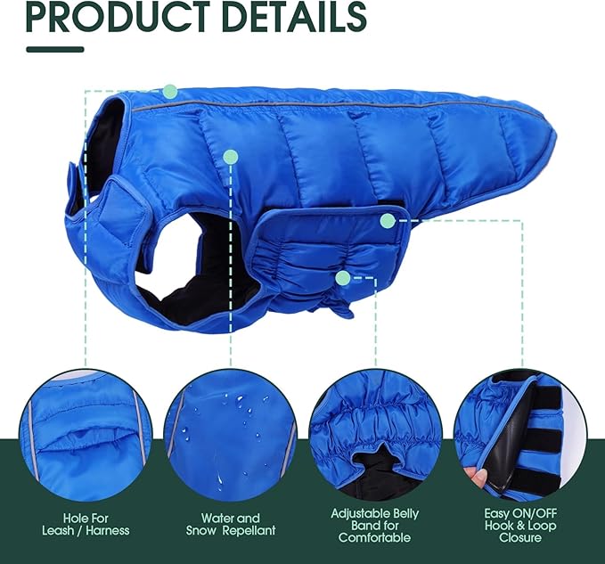Kuoser Dog Puffer Jacket Warm Dog Coat for Extra Large Dogs, Windproof Reflective Pet Padded Vest Cold Weather Clothes Puppy Snowsuit with Hook & Loop Coats, Easy On/Off, Blue 2XL