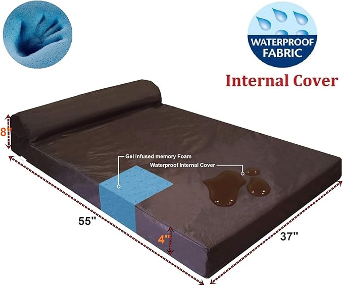 Dogbed4less Premium HeadRest Pillow Orthopedic Cool Memory Foam Dog Bed for Large Dogs, Waterproof Lining with Washable Canvas Black Cover, XXL 55X37