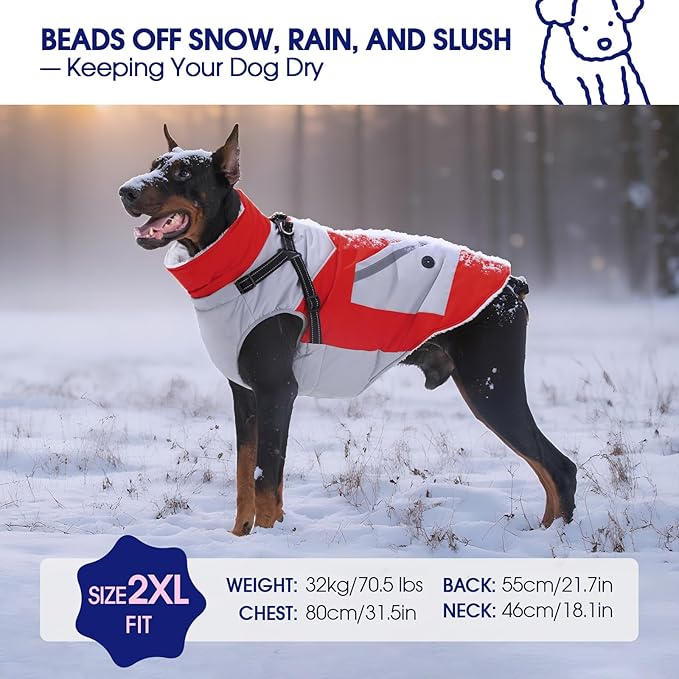 FUAMEY Dog Winter Jackets for Large Dogs,Dog Coat with Harness Built in,Waterproof Dogs Snowsuits Warm Pet Jacket Zip Up Fleece Cold Weather Coats Reflective Puppy Vest with Pocket Red 3XL