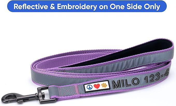 Pawtitas Personalized Dog Leash - Embroidered Custom Name & Phone Number, Reflective, 6 ft Long, Small, Purple Orchid Custom Tag