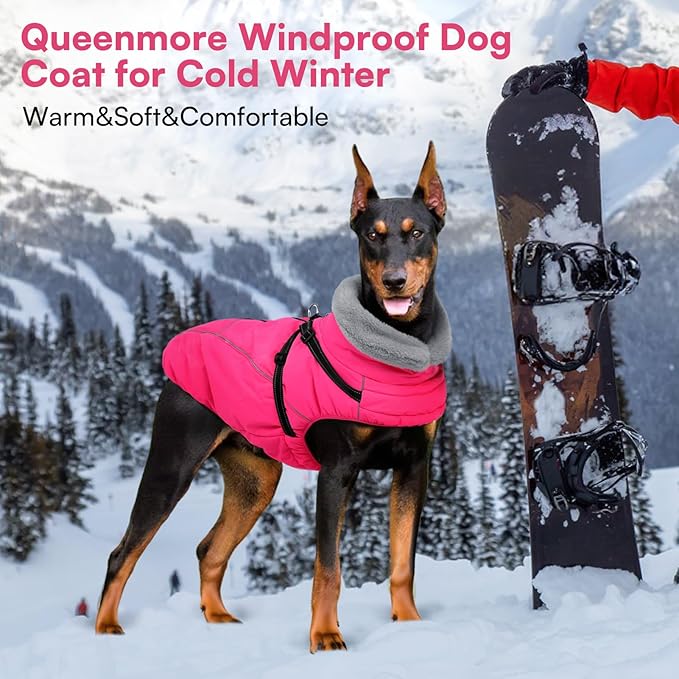 Queenmore Large Dog Coat,Dog Jacket for Extra Large Dogs with Harness Built in,Reflective Waterproof Dogs Jackets with Fleece Lining,Warm Snowsuit Pet Coats for Doberman,Labrador,Rosered,XXL