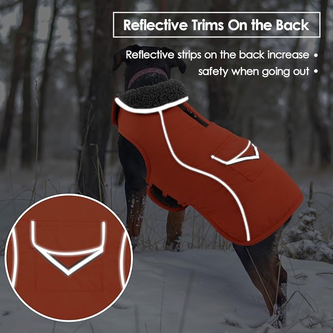 SUNFURA Dog Coat, Large Dog Jacket Reflective Winter Coat for Cold Weather, Windproof Pet Snow Jacket with Pocket, Warm Fleece Sweater Clothes for Large Dogs, Orange L