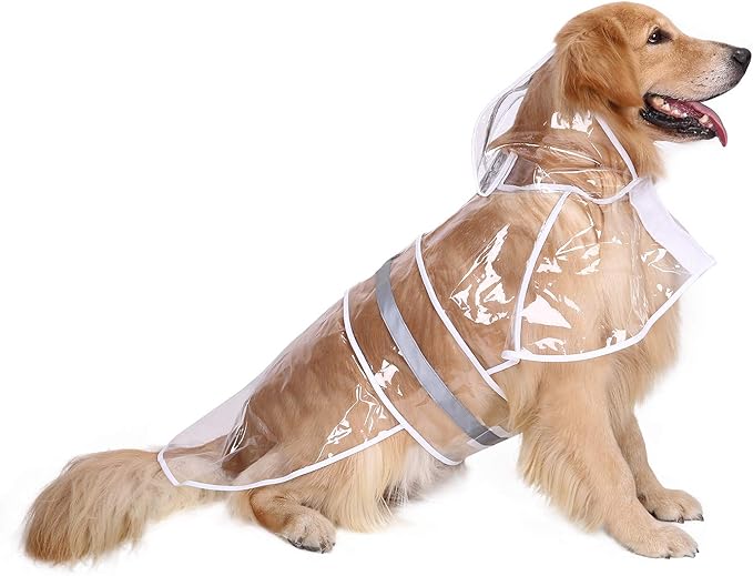 HDE Dog Raincoat Jacket Reflective Adjustable Hooded Pet Poncho Rain Coat with Leash Hole for Small to X-Large Dogs Clear - L