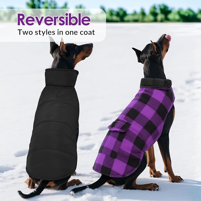 ASENKU Dog Jacket Plaid Reversible Reversible Dog Vest Waterproof Cold Winter Clothes Pet Apparel for Small Medium Large Dogs (2XL, Purple)