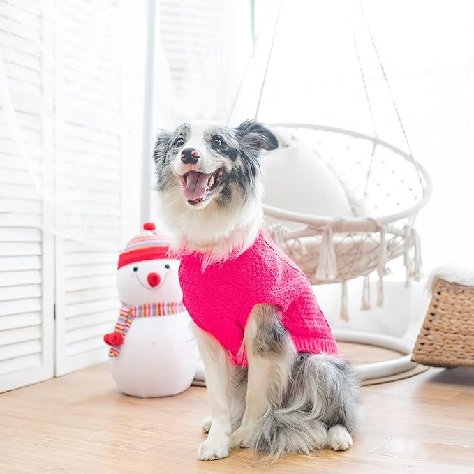 Mihachi Turtleneck Dog Sweater - Winter Coat Apparel Classic Cable Knit Clothes with Leash Hole for Cold Weather, Ideal Gift for Pet in New Year Fushcia Large