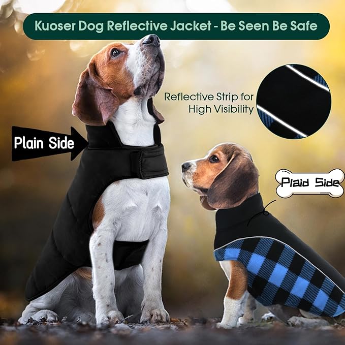 Kuoser Dog Winter Coat, Reversible Waterproof Dog Jacket with Reflective Strip, Warm Dogs Fleece Vest Adjustable Doggy Cold Weather Clothes Plaid Christmas Outfit Pet Apparel for Large Dogs, Blue XL