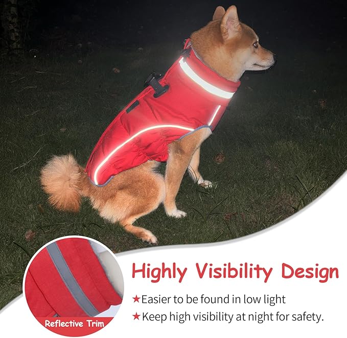 Malier Dog Coat, Reflective Dog Jacket Waterproof Windproof Puppy Cold Weather Coats with Harness Built in, Winter Extra Warm Pet Coat Fleece Vest for Small Large Pets and Puppy (Red, XX-Large)