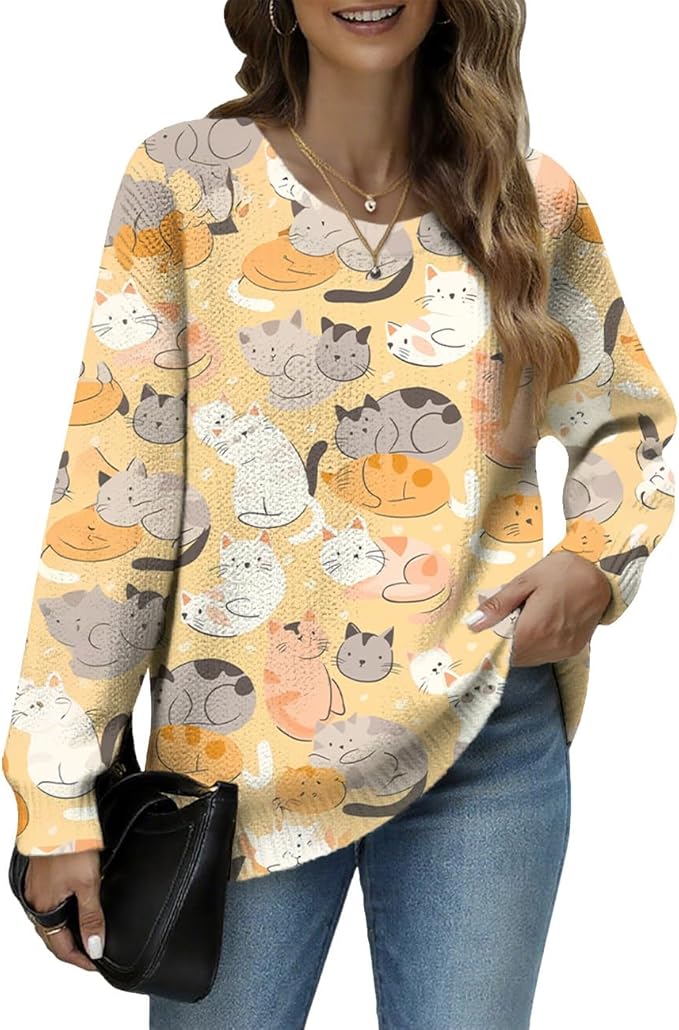 Women's Cat Printed Sweater Oversized Cable Knit Long Sleeve Christmas Clothes Casual Autumn Winter Fashion Tops