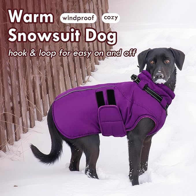 Dog Coat for Large Dogs Waterproof Winter Jacket with Harness Built-in Reflective Adjustable Hook&Loop Snowsuit for Dogs Bulldog Pitbull, XL Purple